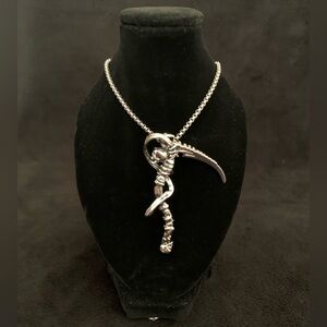 Scythe With Skeleton / Skull Detailed Pendant Necklace  Silver Zinc Alloy